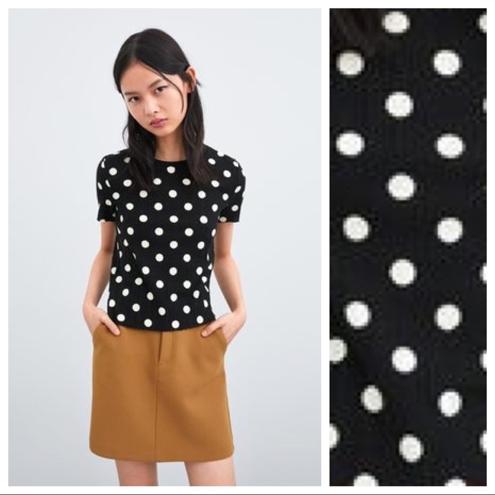 NWT. Zara Black/White Polka Dots Knit Top. Size L.